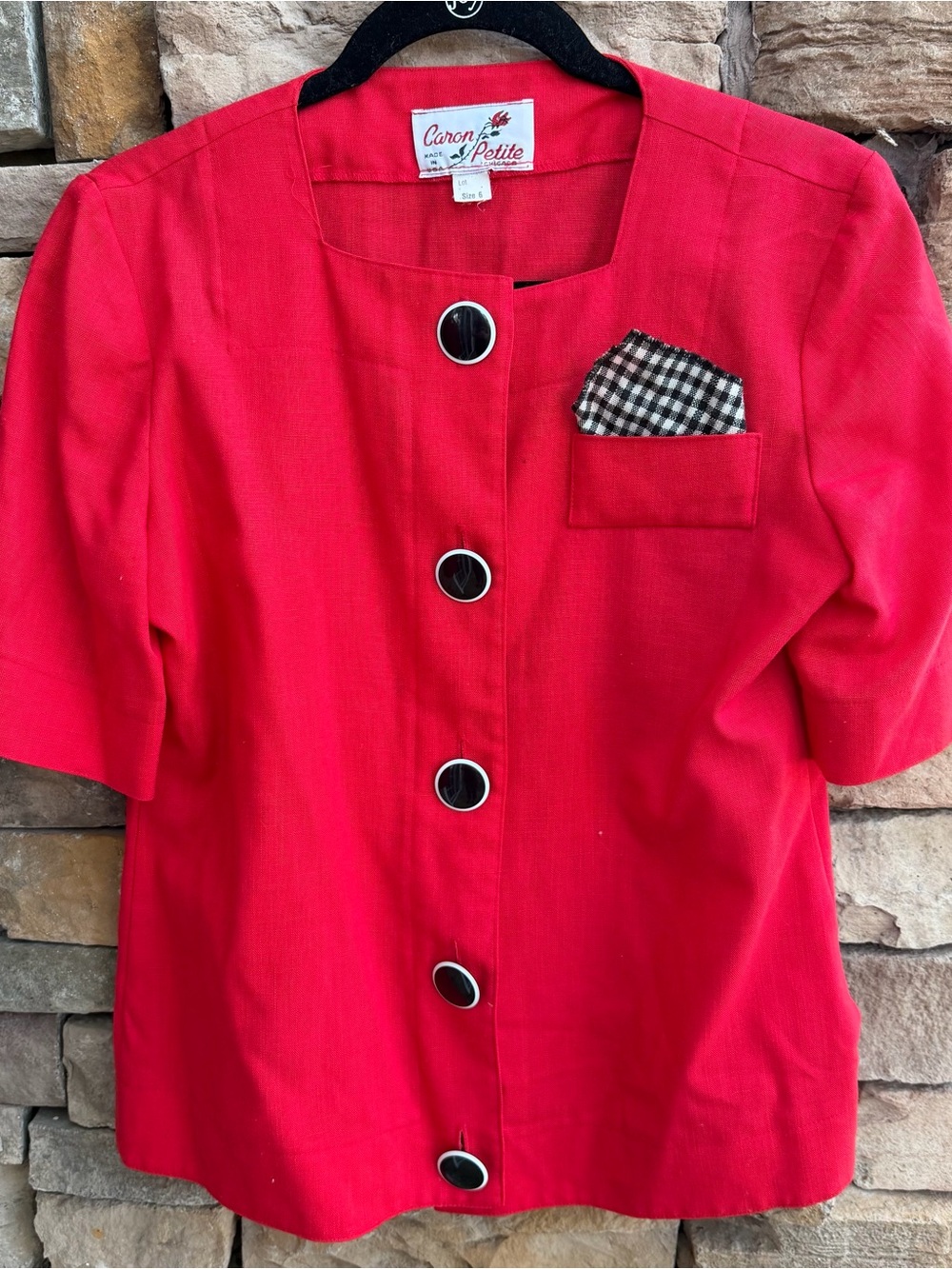 Caron Petite Red Short-Sleeve Button Blouse with Gingham Accent